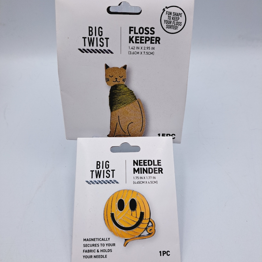 Big Twist Floss Keeper Cat and Yellow Smiling Yarn Needle Minder Set